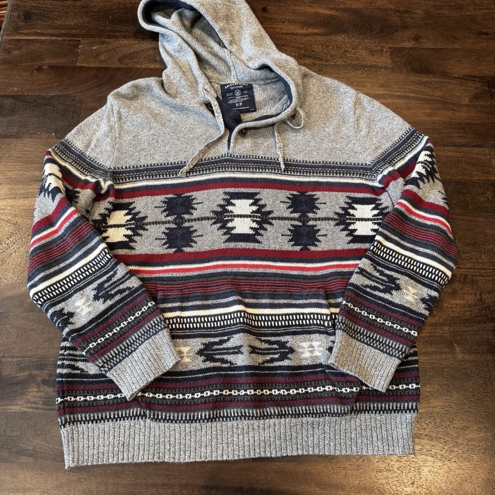 American Eagle Aztec Hooded Pullover Cotton Sweater Kangaroo‎ Pocket Men’s Small